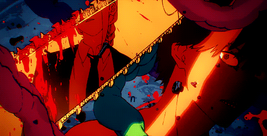 a gif from the chainsaw man anime. it is red and orange with a dark blue background. denji pulls the rip cord in his chest, then the gif cuts to makima reflected in a chainsaw while denji looks at her.